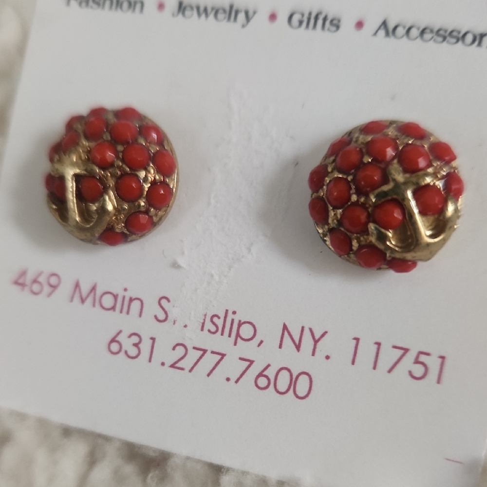 Elegant Red and Gold Stud Anchor Earrings